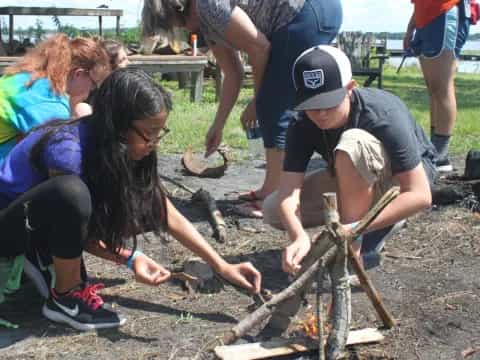a group of people working outside