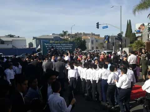 a large group of people standing in a street