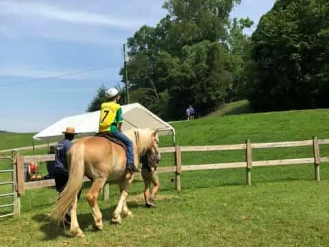 a couple of people riding horses