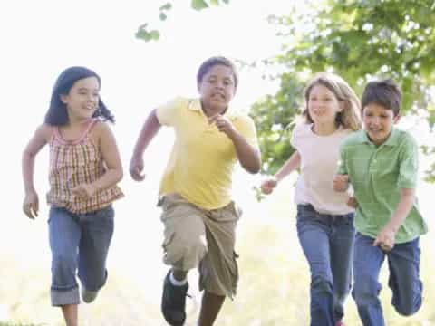 a group of people running