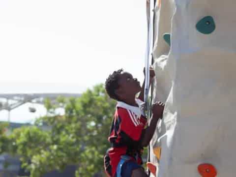 a boy climbing a rock wall