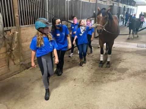 a group of people walking a horse