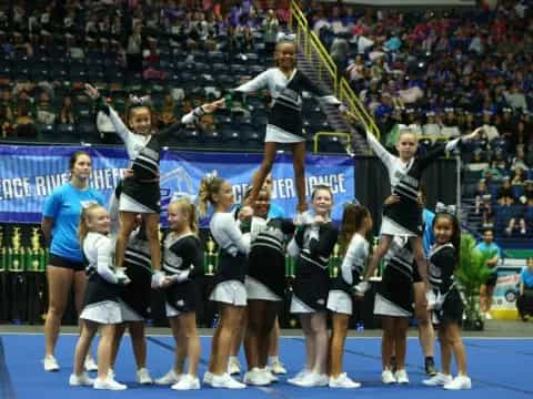 a group of cheerleaders on a blue court