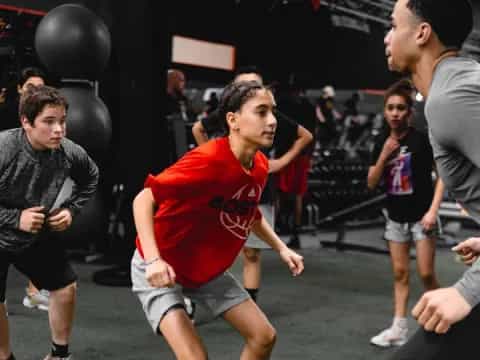 a group of people running