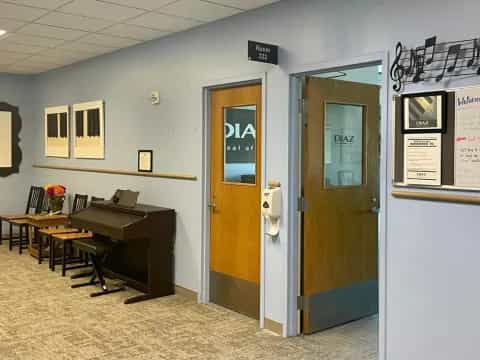 a room with a desk and a door