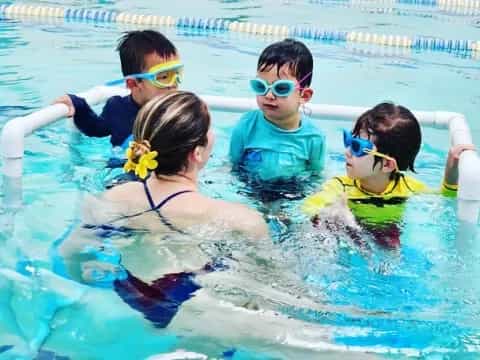 a group of people in a pool