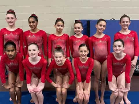 a group of women in red leotards posing for a photo