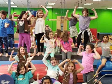 a group of people on a trampoline