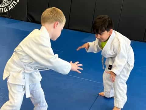 two boys in karate uniforms