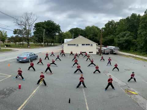 a group of people in a street