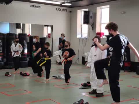 a group of people in a gym