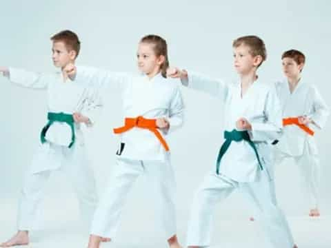 a group of people in karate uniforms