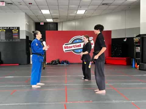 a group of people in a gym