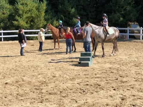 people riding horses in a field