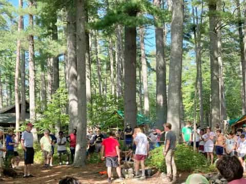 a group of people in a forest
