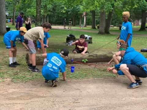 a group of people working outside