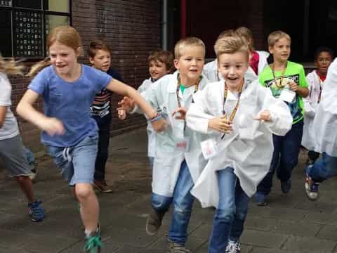 a group of children running