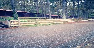 a fenced off area with trees and a building in the background