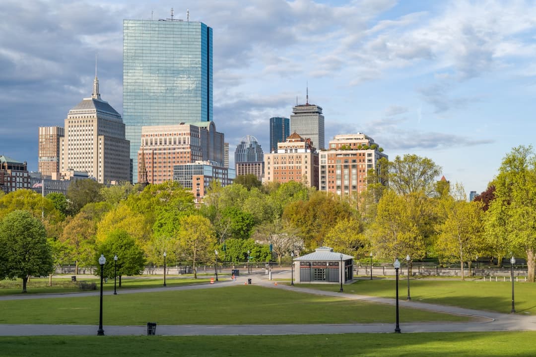 green grass field with trees and buildings in distance under white clouds and blue sky during