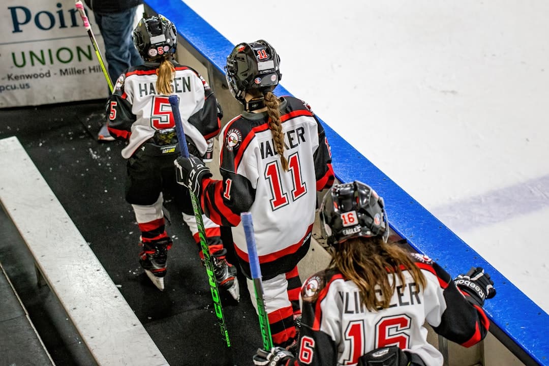 a group of people standing on top of a ice rink