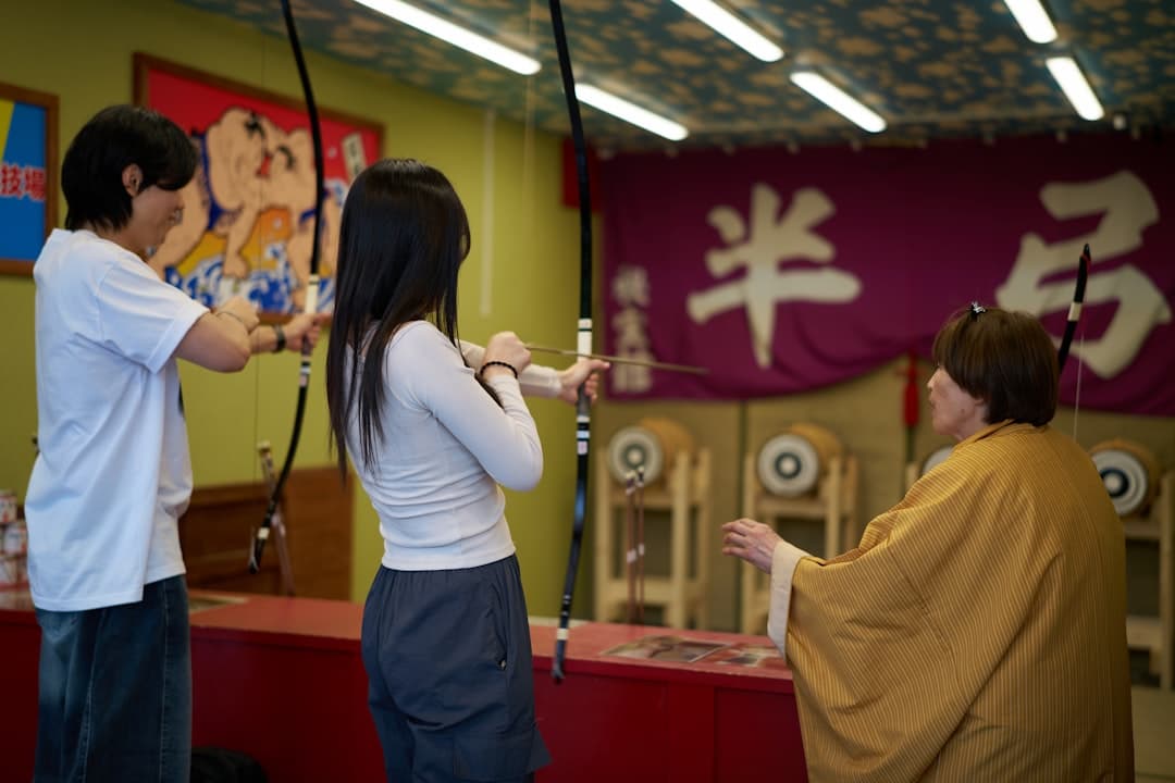 a man and a woman standing in front of a display