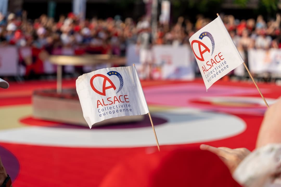 A woman holding a flag in front of a crowd