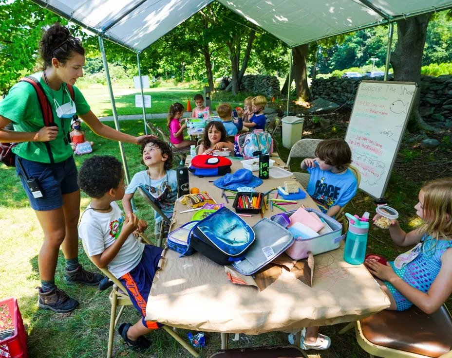 a person and kids at a picnic table