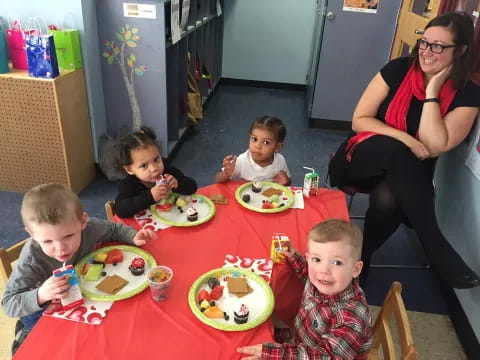 a group of kids eating at a table