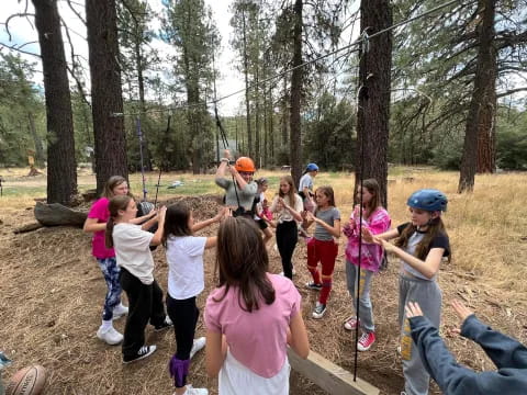 a group of people in a forest