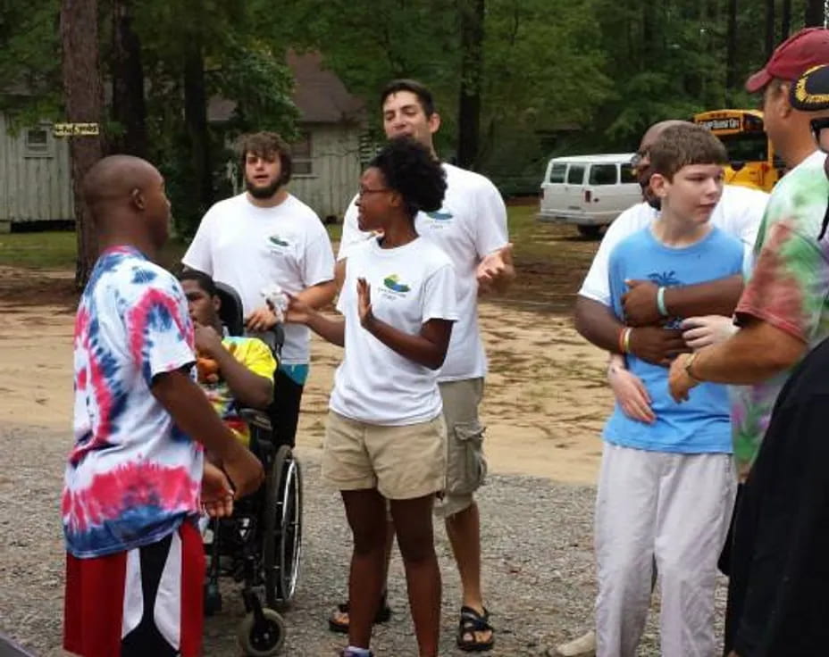 a group of people standing outside
