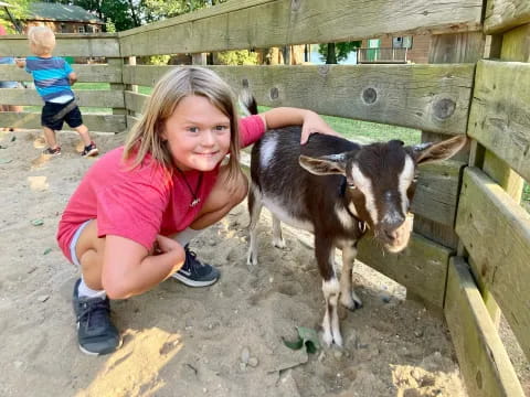 a girl petting a goat
