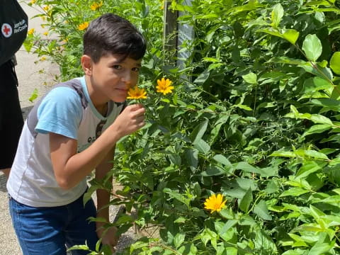 a boy holding a yellow flower