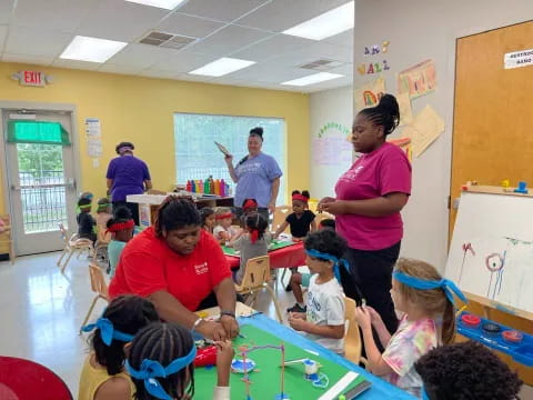a group of people in a classroom