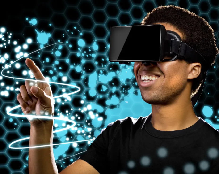 a person wearing virtual reality goggles