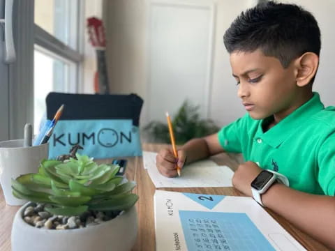 a young boy painting a plant