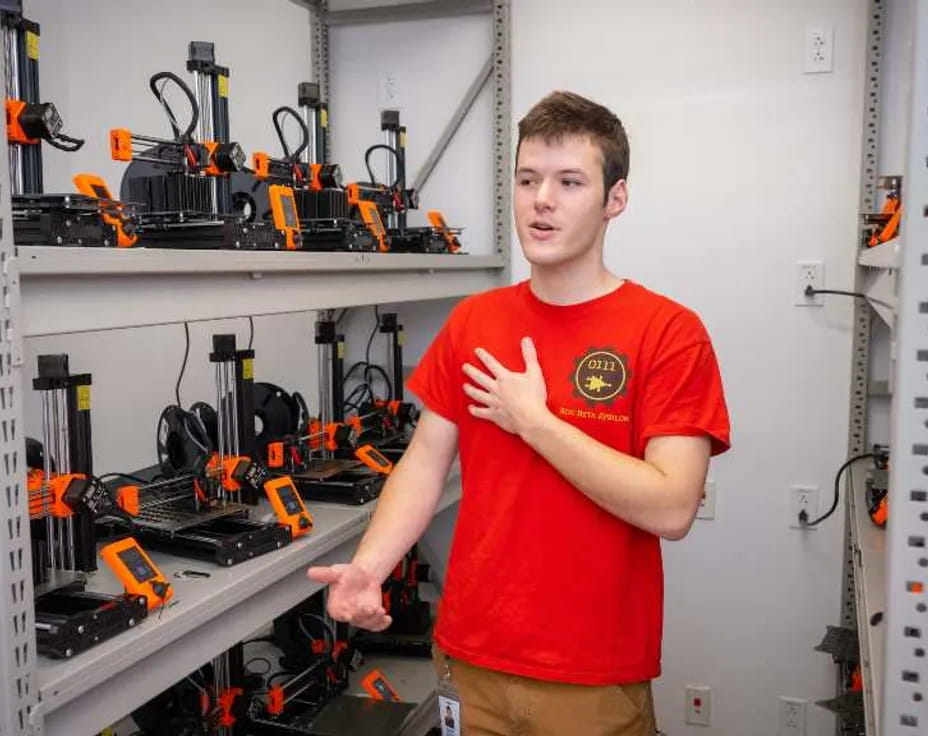 a man in a red shirt