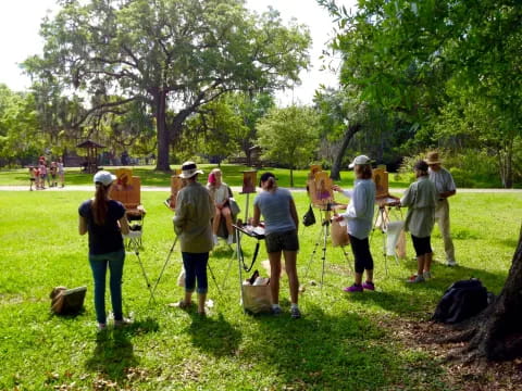 a group of people in a park