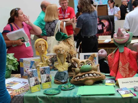 a group of people looking at stuffed animals on a table
