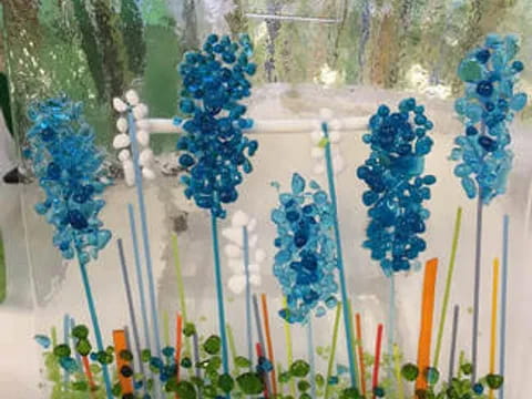 a group of blue flowers