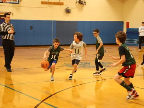 a group of kids playing basketball