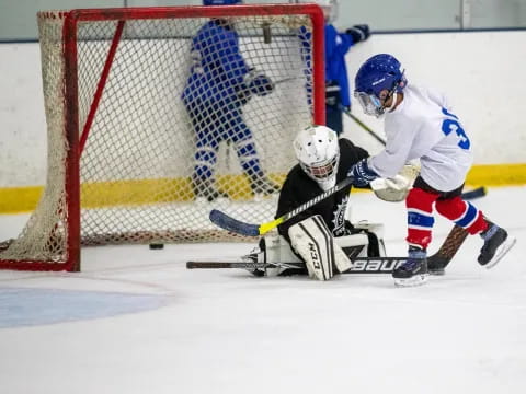 a group of people playing hockey