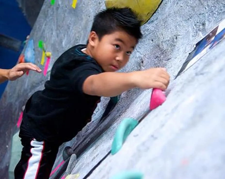 a boy climbing a slide