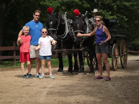 a group of people standing next to a horse and buggy