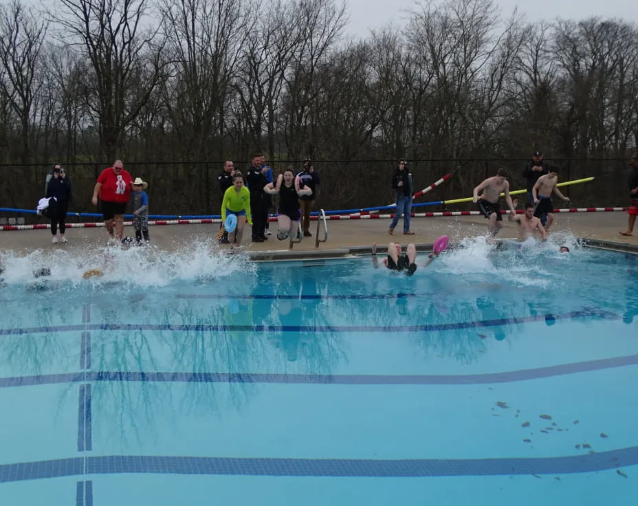 a group of people playing in a pool