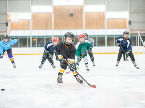 a group of people playing hockey