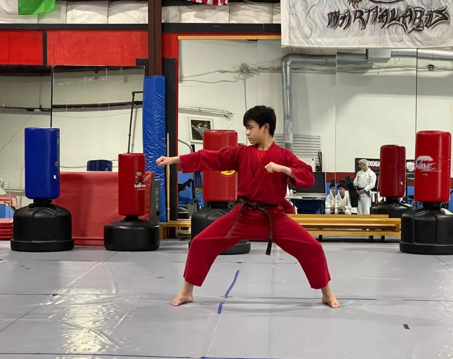 a person in a red karate uniform