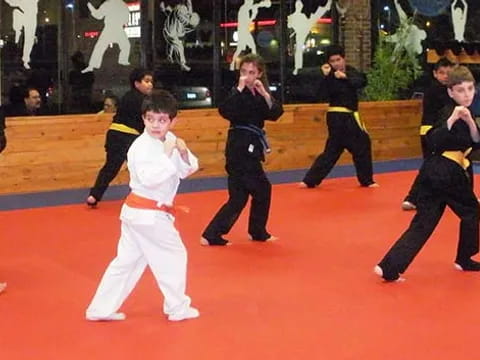 a group of children in karate uniforms