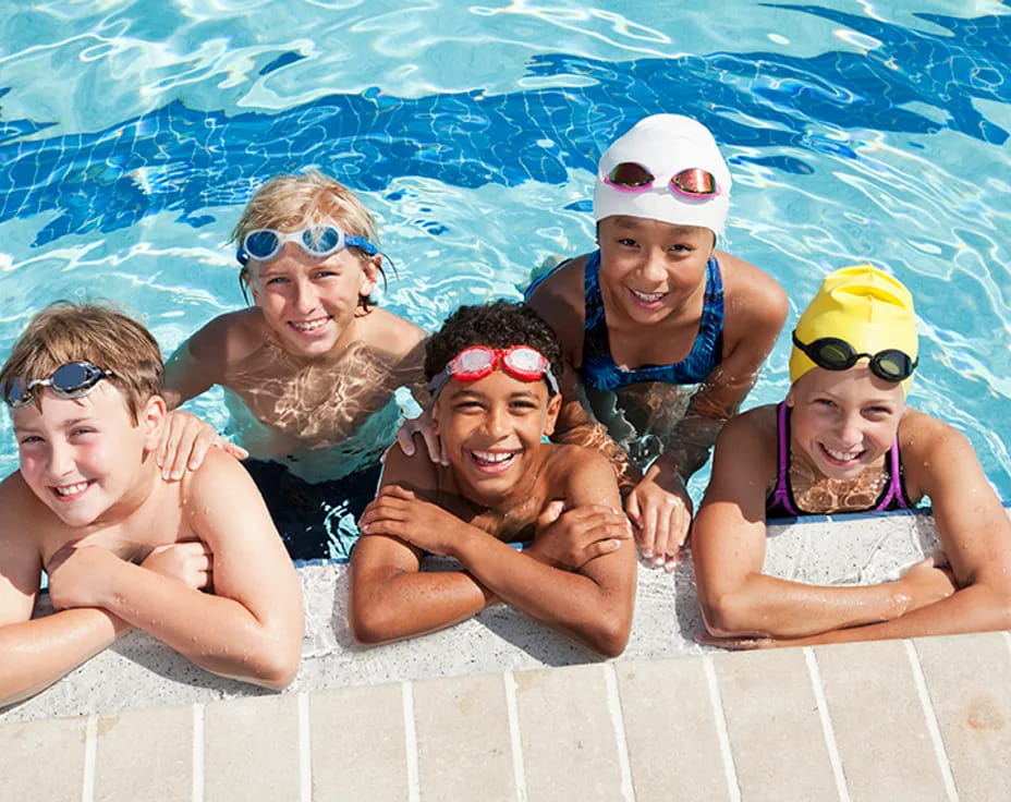 a group of people in a pool