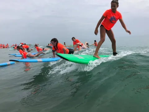 a group of people on surfboards