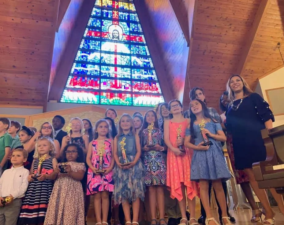 a group of people in a church